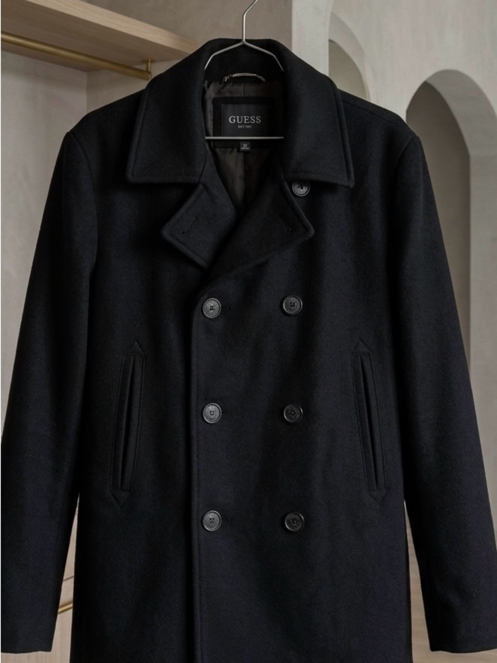 NWT GUESS Men's Classic Black Double-Breasted Pea Coat - Picture 4 of 4